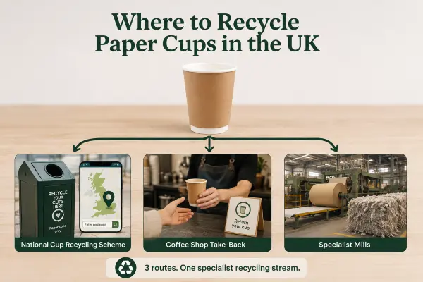 Specialized cup recycling drop-off bin located in a high street coffee shop in the UK