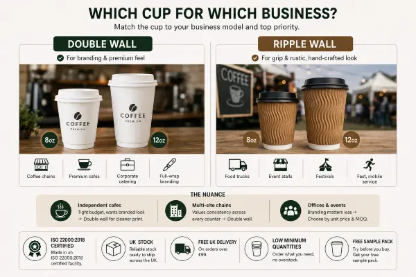 Guide on choosing between ripple wall and double wall paper cups based on specific cafe, restaurant, and beverage business needs.