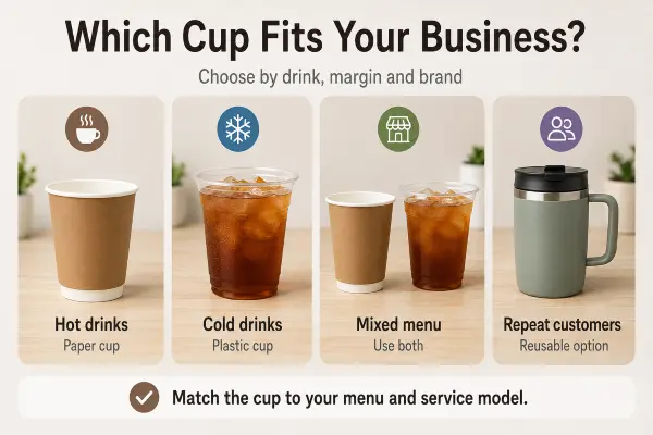 A variety of beverage cups displayed to help businesses decide which cups fits your business needs
